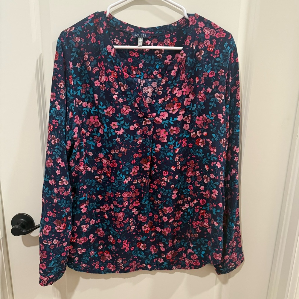 Joules Melrose Long Sleeve Top Floral Print Blue and Pink Size 10 V Neck